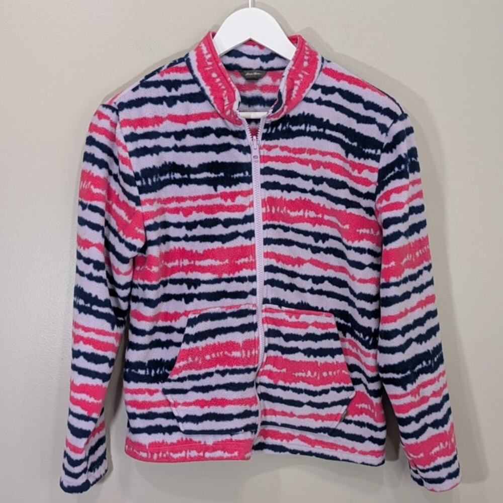 Eddie Bauer Girls Fleece Zip Up Outerwear Jacket Pink Purple Tie Dye Stripe Sz L